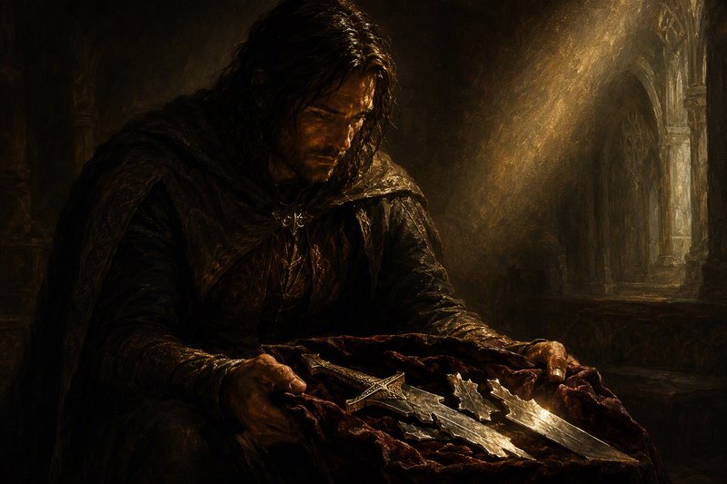 Solemn medieval knight gazes at a broken sacred sword held on velvet, lit by golden sunbeams in a gothic cathedral.