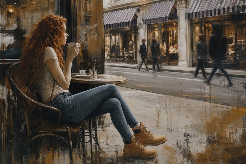 Textured impressionist painting of a curly red-haired woman sipping coffee at an outdoor city cafe, looking out at a