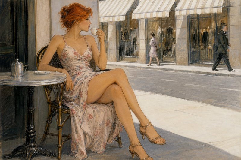 Impressionist painting of a red-haired woman sipping coffee at a European outdoor sidewalk cafe