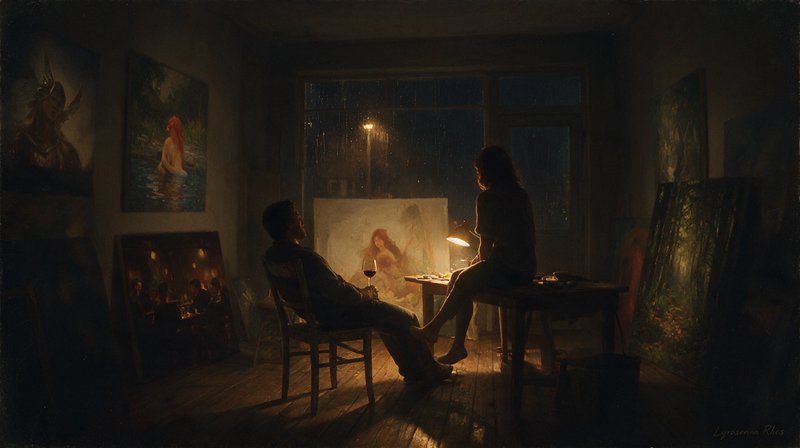 Warm desk lamp light illuminates a cozy rainy night artist studio, where two people relax surrounded by in-progress and