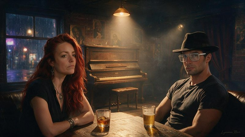 A red-haired woman and man in a fedora sit at a bar table with drinks, inside a moody vintage bar on a rainy night.