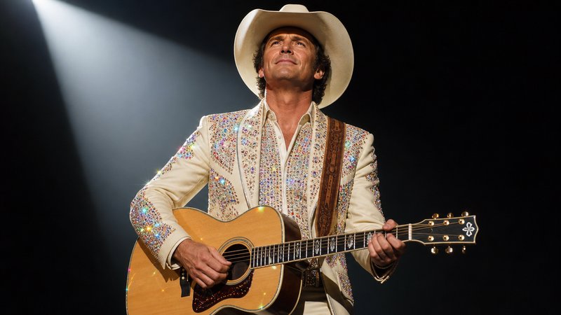 Male country singer in a cream cowboy hat and rhinestone jacket plays acoustic guitar under a bright stage spotlight.