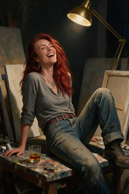 Joyful laughing red-haired female artist sits on a paint-splattered worktable in a warm lit art studio