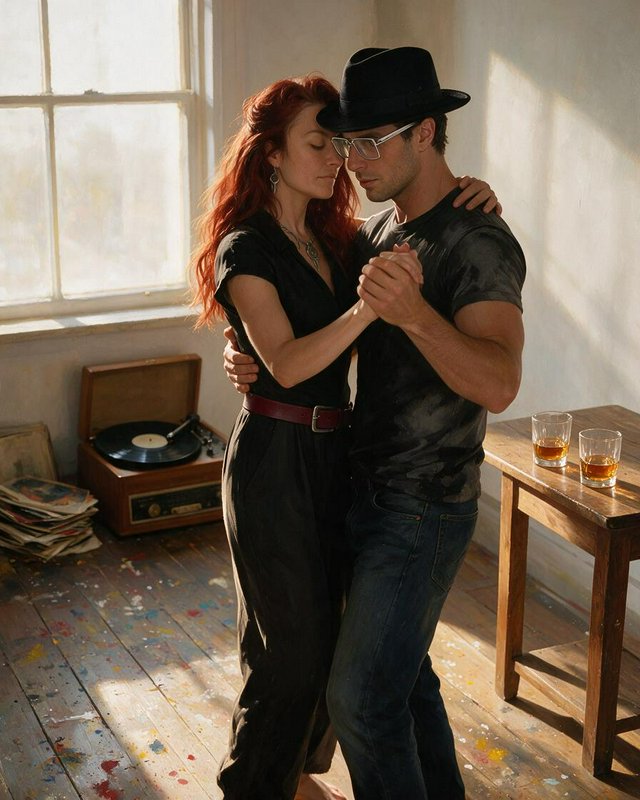 Intimate couple slow dancing closely in a sunlit artist studio beside a vintage turntable, warm golden window light.