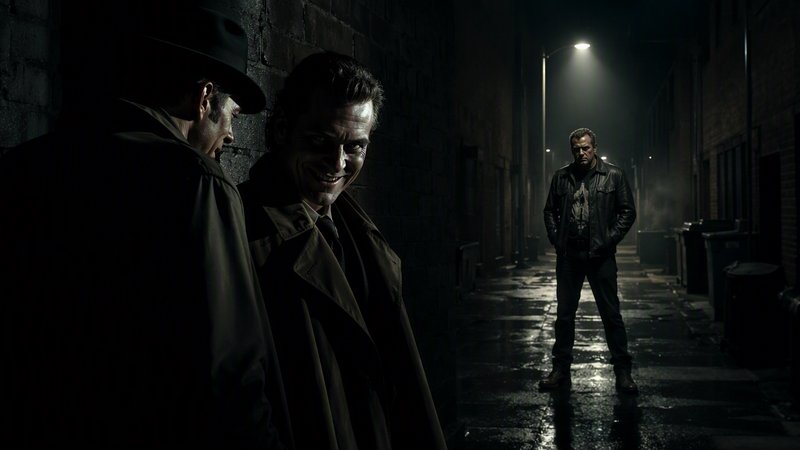 Menacing neo-noir scene of three men in a dark wet urban alley, two huddled in foreground, one standing under a glowing st...