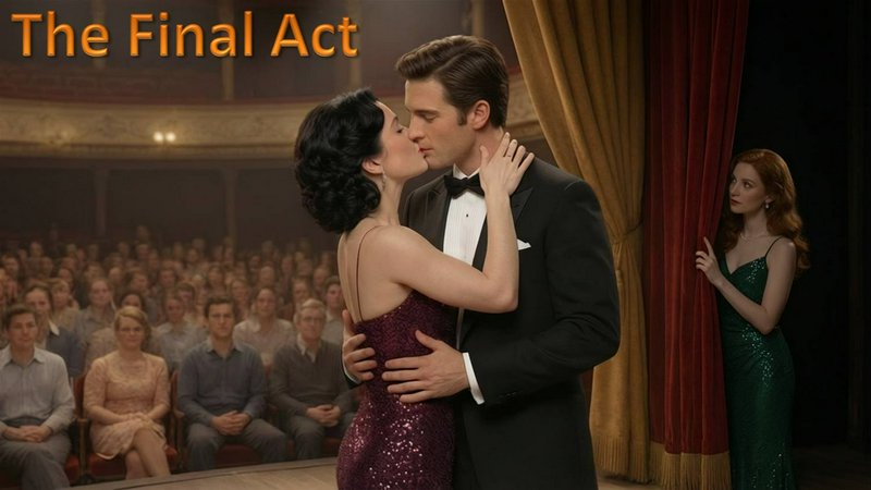 Vintage theater scene titled "The Final Act" with a kissing couple center stage, a woman peeking from the side curtain