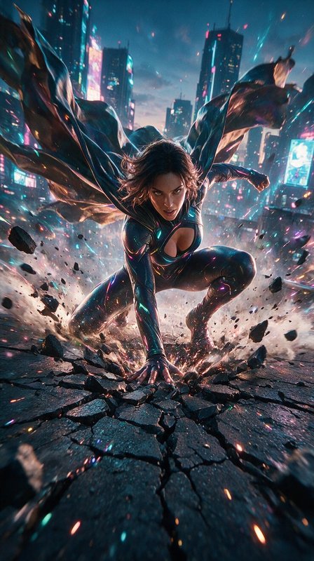 Powerful female superhero lands forcefully, cracking pavement, against a neon-lit cyberpunk city skyline at dusk