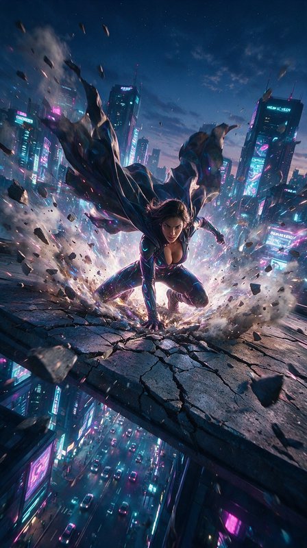 [Powerful female superhero lands forcefully, cracking a skyscraper rooftop above a glowing neon cyberpunk city at dusk.]