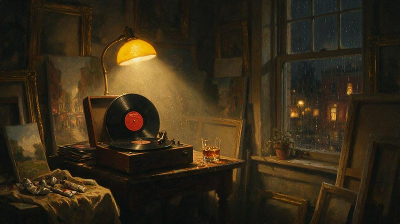 Cozy rainy night artist studio scene with vintage turntable, glowing desk lamp, whiskey glass by rain-streaked window.