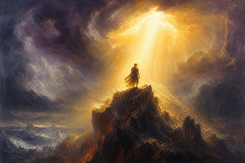 Lone windswept robed figure stands on a rocky mountain peak beneath bright golden divine light breaking through swirling s...