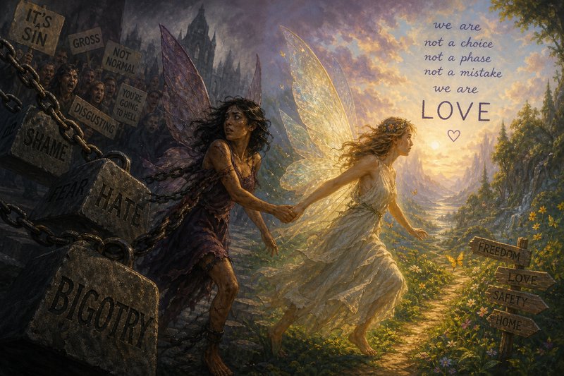Allegorical fantasy art of two fairy women holding hands, one chained to bigotry weights, pulled toward sunlit loving