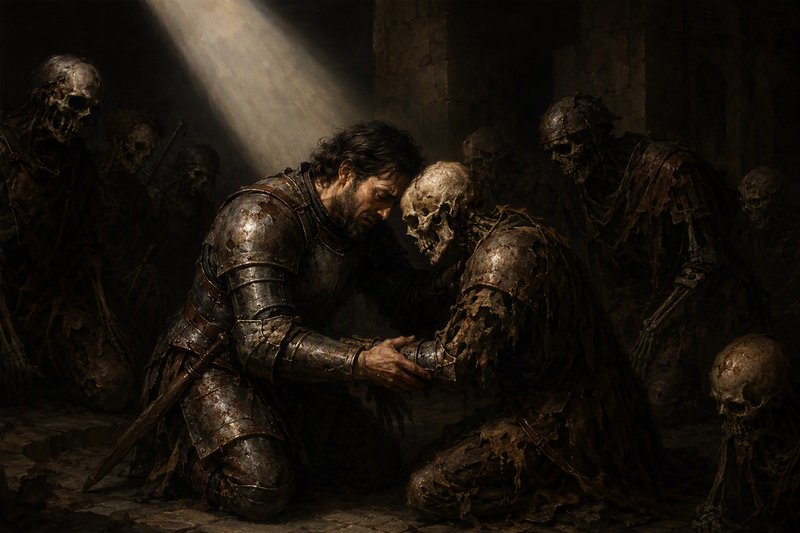 Kneeling armored medieval knight touches foreheads with a skeletal undead warrior, surrounded by skeletons in a dark sunli...