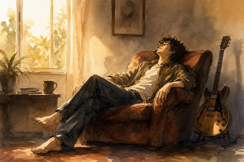 [Watercolor illustration of a relaxed young man resting in a sunlit brown leather armchair, hollow-body guitar beside him]