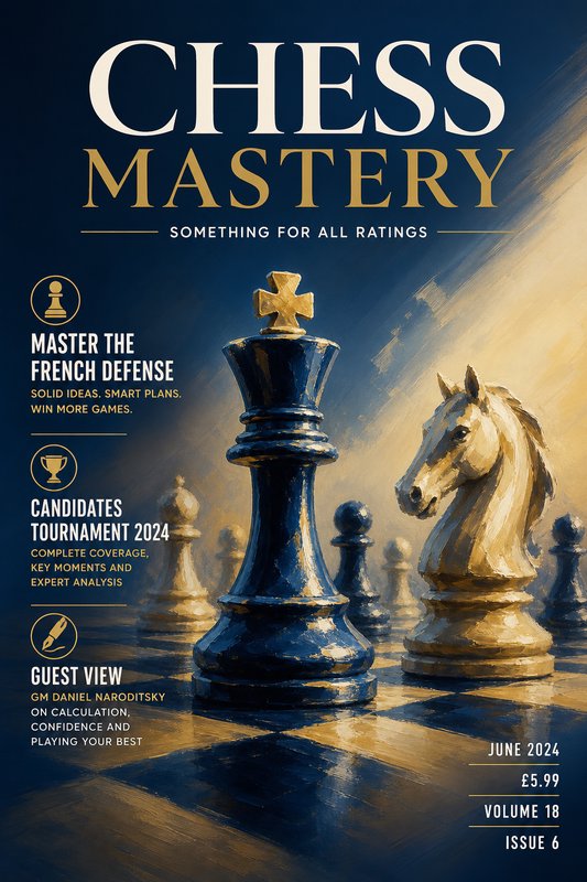 Chess Mastery June 2024 magazine cover featuring painterly chess pieces on a dramatic navy and gold background