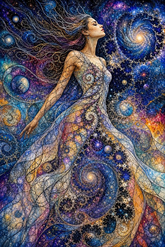Stained glass style illustration of a celestial goddess whose flowing dress and hair merge with swirling spiral