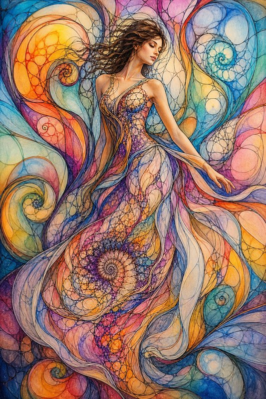 Graceful ethereal woman in a flowing gown, surrounded by swirling rainbow stained-glass fractal spiral patterns.