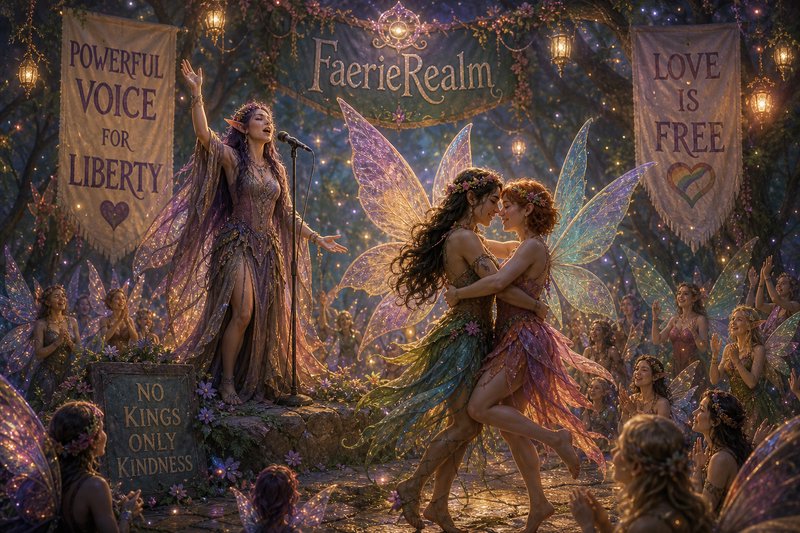 Joyful inclusive Faerie Realm celebration with dancing fairy couple, elven singer, and pro-liberty free love banners in