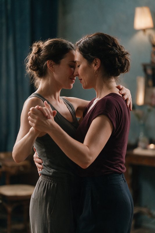 [Two women slow dance intimately, foreheads touching, eyes closed in a warm cozy home interior]