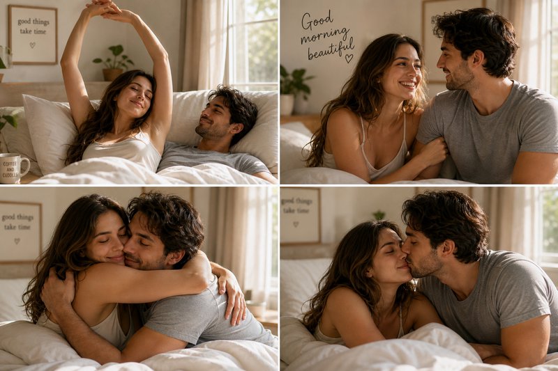 4-panel collage showing a happy romantic couple sharing cozy good morning moments together in a bright sunlit bedroom