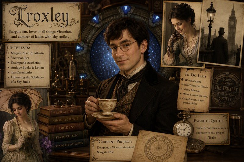[Victorian steampunk character portrait of Troxley holding a teacup, surrounded by fandom infographic panels and a glowing...