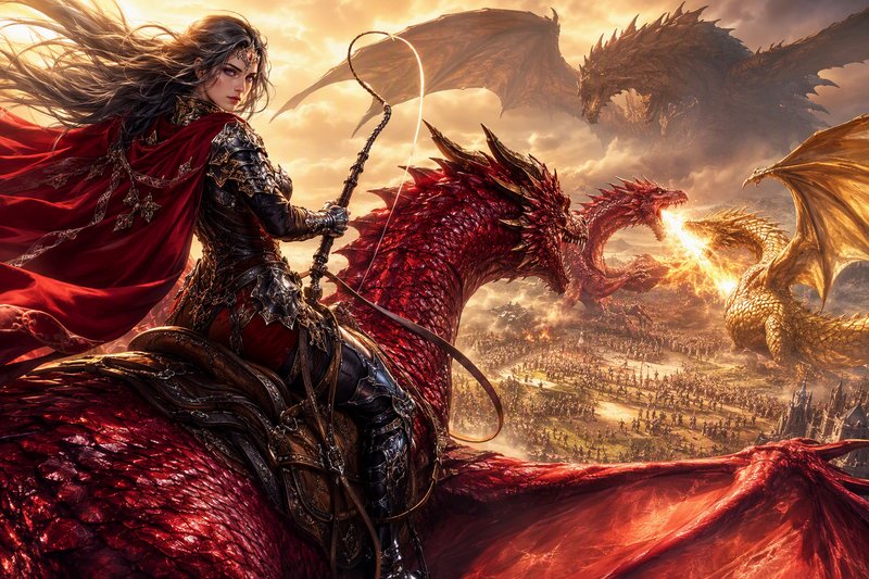 [Armored female fantasy warrior rides a red dragon above an epic dragon battle at golden sunset]