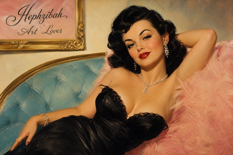 [Vintage pinup oil painting of a glamorous retro brunette reclining on a tufted turquoise couch in a black lace evening gown]