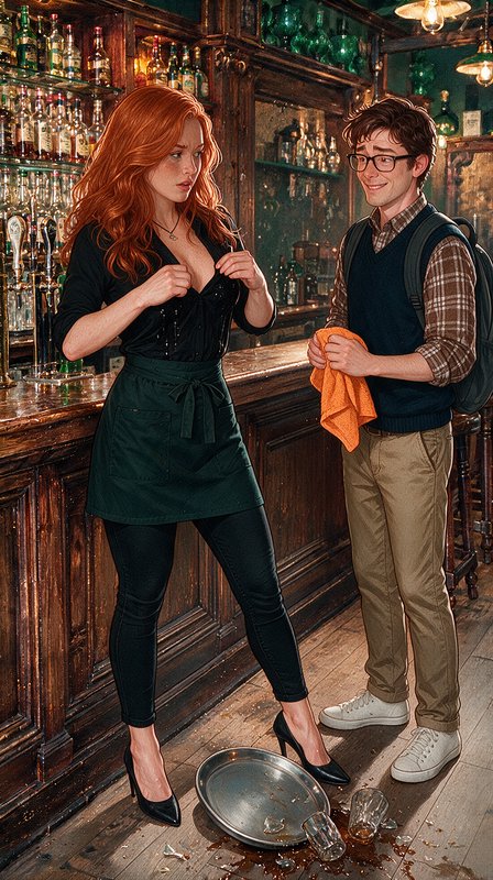 Flustered redhead bartender and sheepish glasses-wearing patron stand by a spilled serving tray in a cozy wooden pub