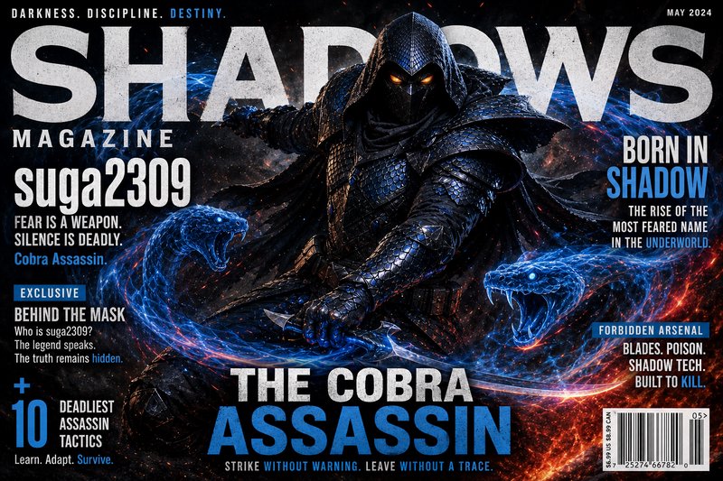 [Shadows Magazine May 2024 cover featuring hooded armored Cobra Assassin flanked by glowing blue spectral cobra spirits]