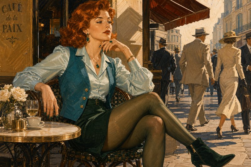 Textured oil painting of elegant red-haired woman seated at outdoor Paris Cafe de la Paix terrace, 1940s street scene