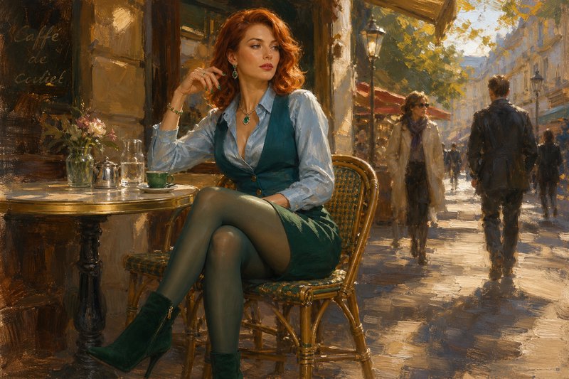 Impressionist oil painting of elegant red-haired woman seated at a sunlit Parisian sidewalk cafe table.
