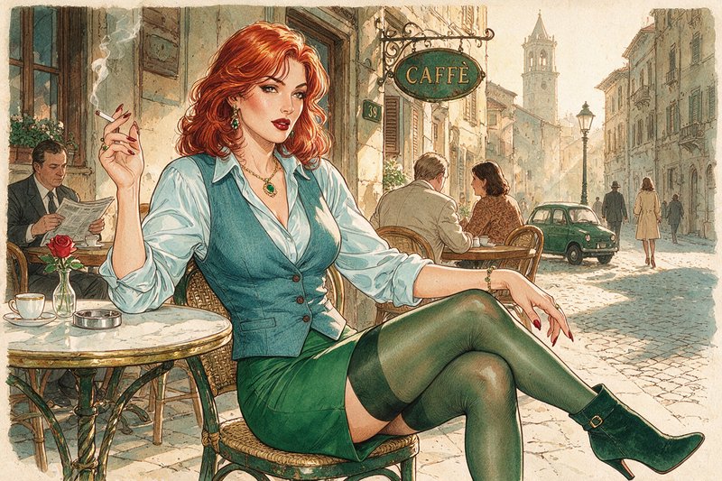 [Glamorous red-haired woman sits at a sunlit vintage European sidewalk cafe, retro comic illustration style.]
