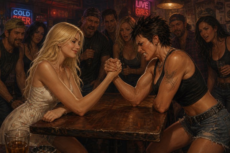 Two women arm wrestling at a worn wooden bar table as a crowd of dive bar patrons watches, lit by neon beer signs