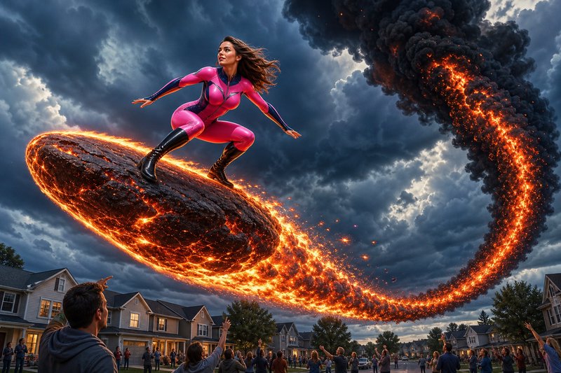 [Female superhero in pink suit balances on a flaming arcing meteor as suburban residents watch from the neighborhood stree...