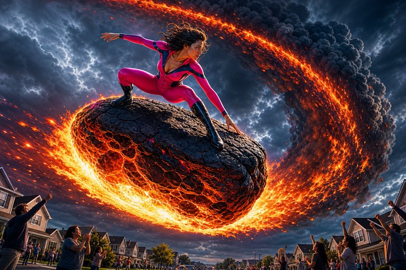 [Female superhero in a bright pink suit balances atop a flaming meteor, stopping its crash above a suburban neighborhood a...