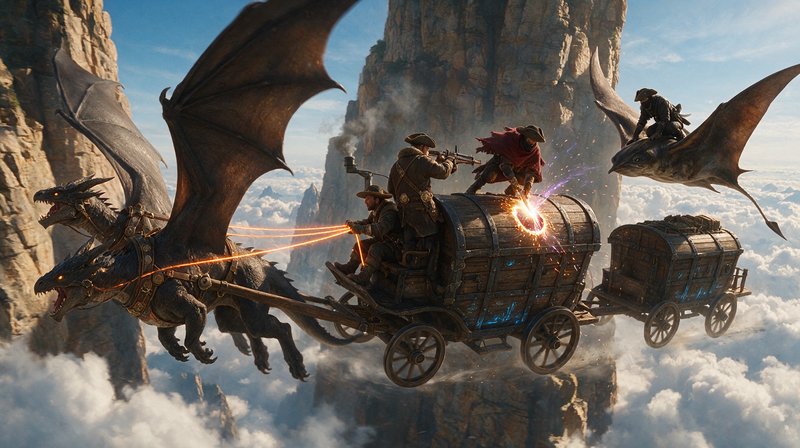 [Dynamic high fantasy scene of a dragon-drawn flying stagecoach under attack from a wyvern rider above a sea of clouds and...