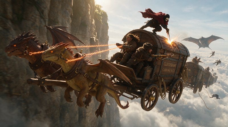 Dragon-pulled flying fantasy carriage under attack, soaring above clouds beside a steep mountain cliff.