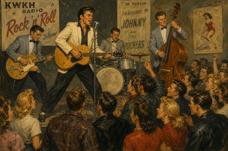 Vintage oil painting of 1950s rock band Johnny and the Rockers performing live for an excited crowd at a KWKH radio