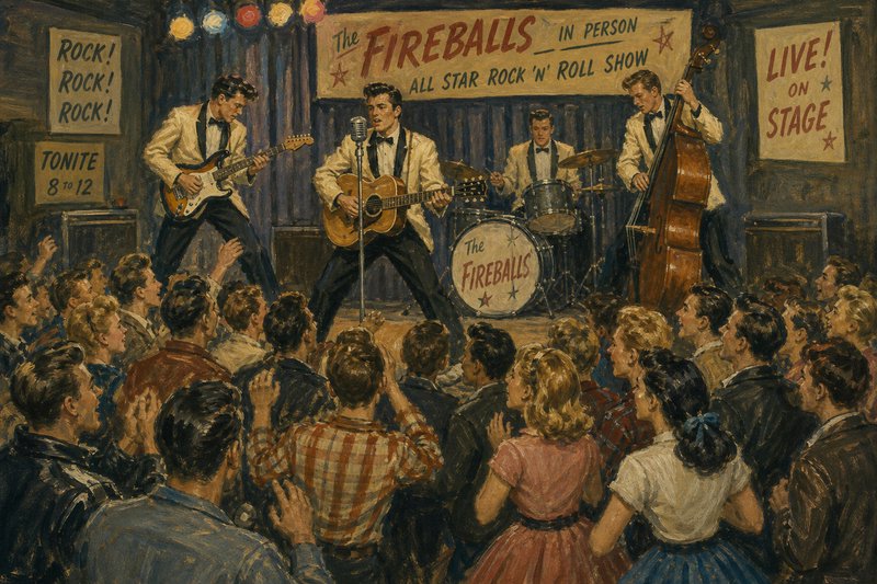 [Vintage oil painting of 1950s rock band The Fireballs performing live for an enthusiastic cheering concert crowd]