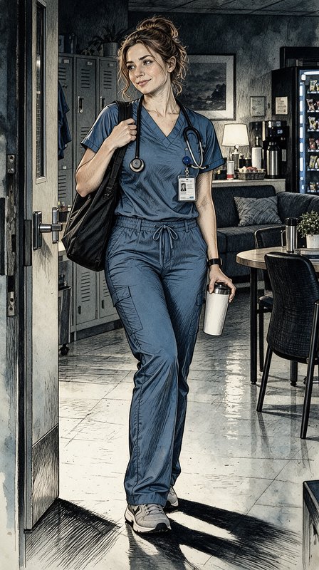 Smiling female nurse in blue scrubs exits a hospital break room holding a travel coffee mug, stet...