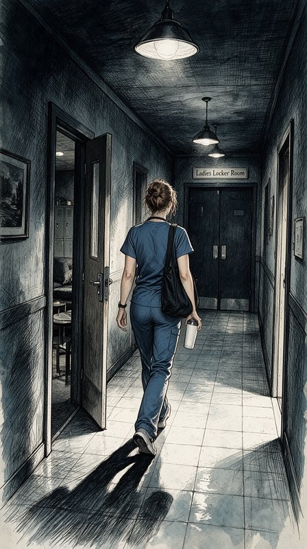 Pen and ink illustration of female healthcare worker in blue scrubs walking down a hallway toward...