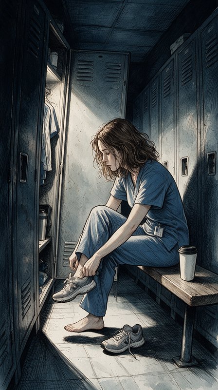 Exhausted female nurse in blue scrubs sits on a hospital locker room bench lacing up her sneakers...