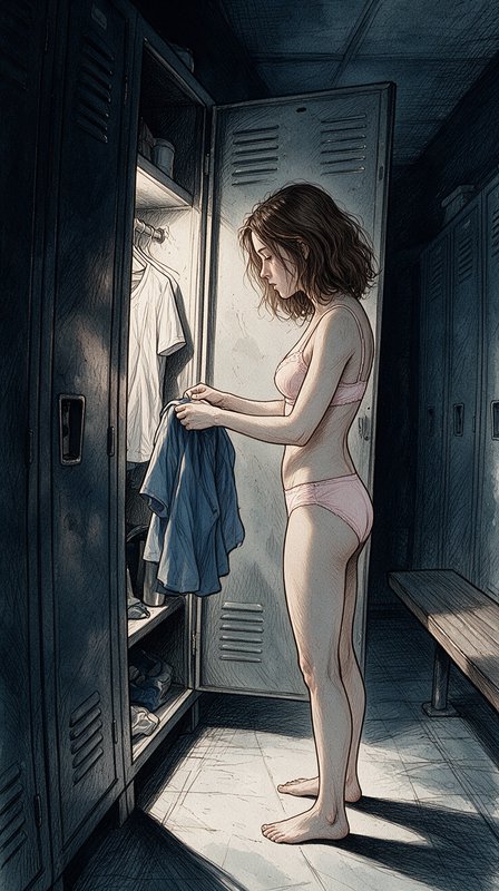 Line art illustration of a young woman in soft pink underwear holding clothing at an open metal g...