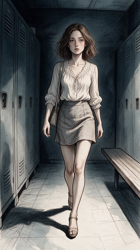 Pen and ink sketch of a pensive young woman walking toward the viewer through a narrow school loc...