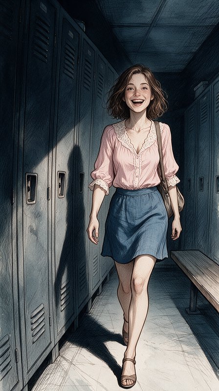 Laughing young woman in a pink lace blouse and blue skirt walks toward the viewer down a locker-l...