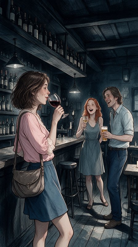 Illustration of three friends socializing over drinks in a cozy, dim rustic wood bar interior.