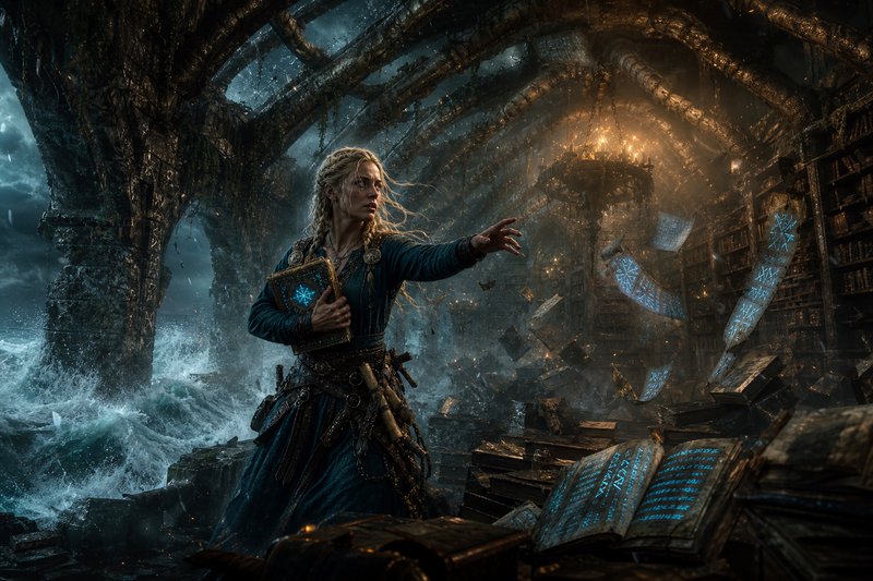 Blonde Norse sorceress casts glowing rune magic holding a grimoire as a storm floods her ancient ...
