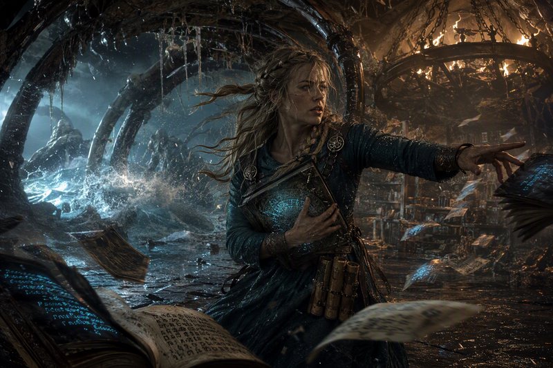 Braided blonde fantasy mage casts magic holding a glowing grimoire in a flooded, crumbling burnin...