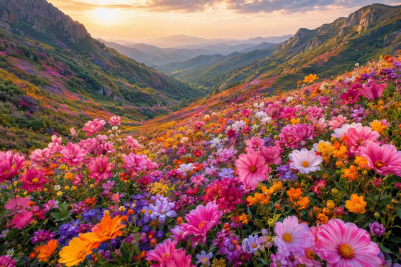 Vibrant multicolor wildflower carpet fills a sunlit alpine valley, with layered distant mountains...