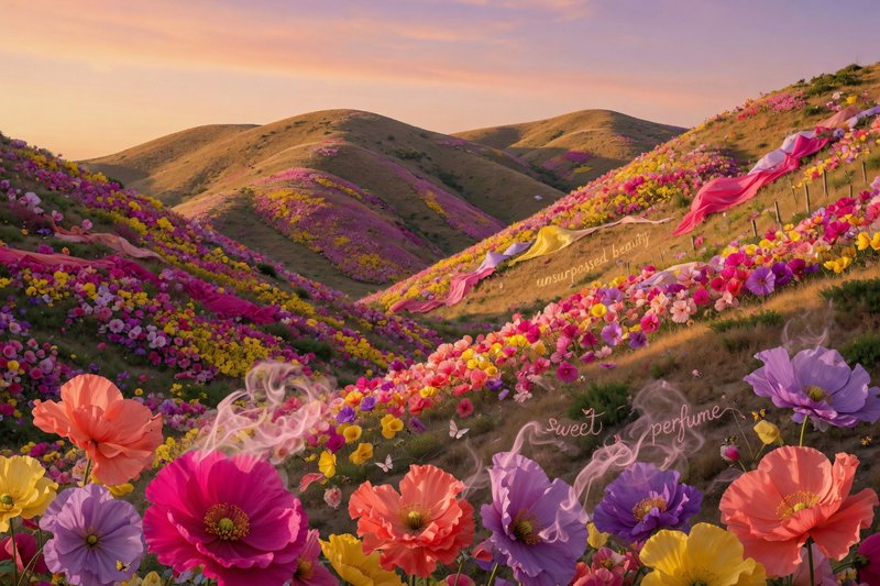 Surreal sunset landscape of rolling hills blanketed in vibrant multicolor wild poppies, floating ...