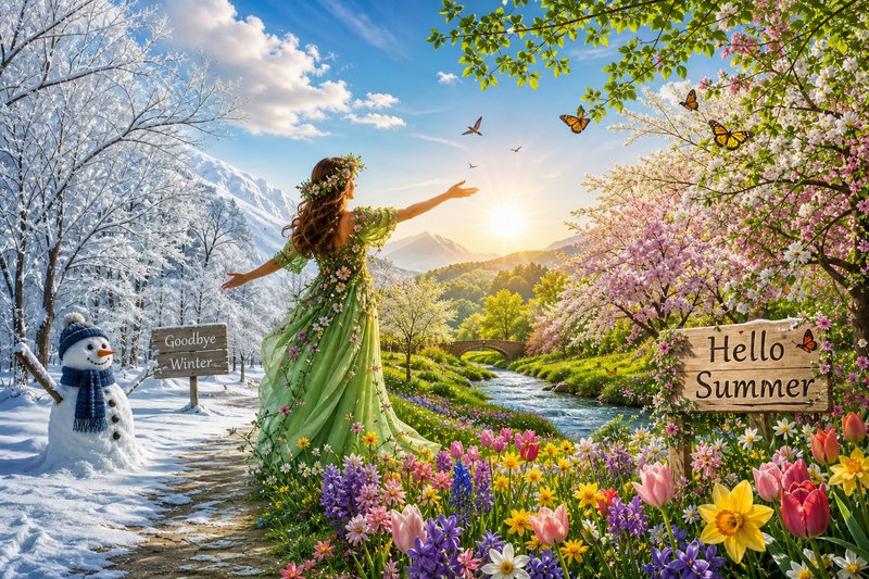 Spring goddess stands between snowy winter and blooming summer landscapes, with "Goodbye Winter" ...